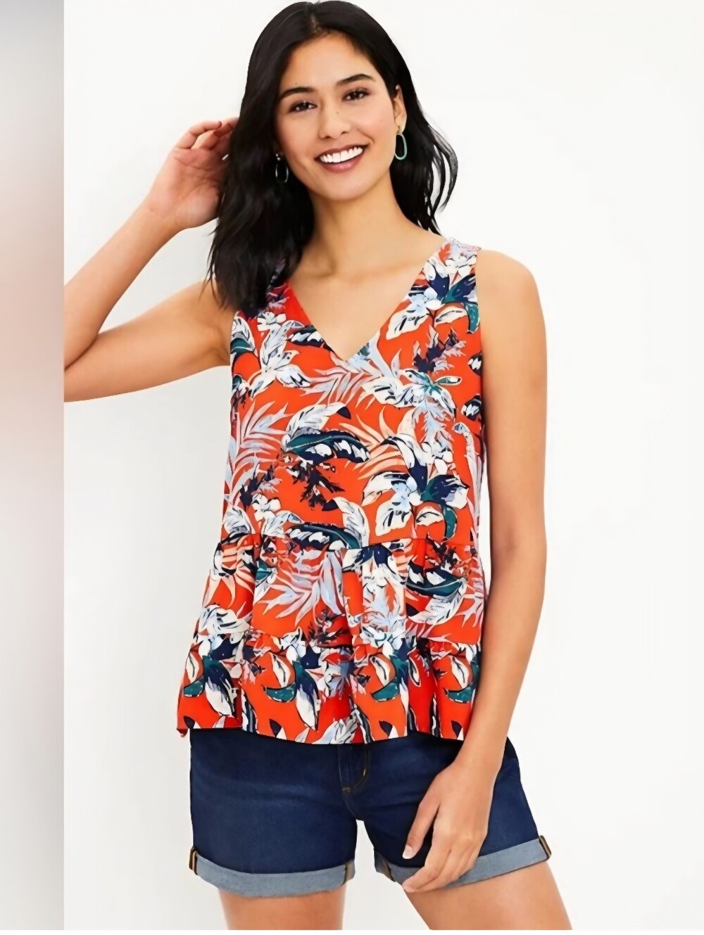 LOFT Floral V-Neck Sleeveless Peplum Tank Top, XL, RN#140923,NWT